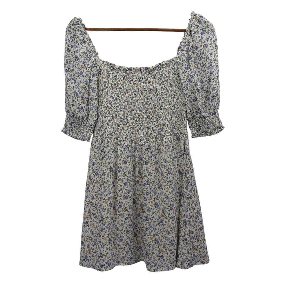 Reformation Blue Floral Smocked Mini Dress Square Neck Puff Sleeve Size 6 - Picture 3 of 12